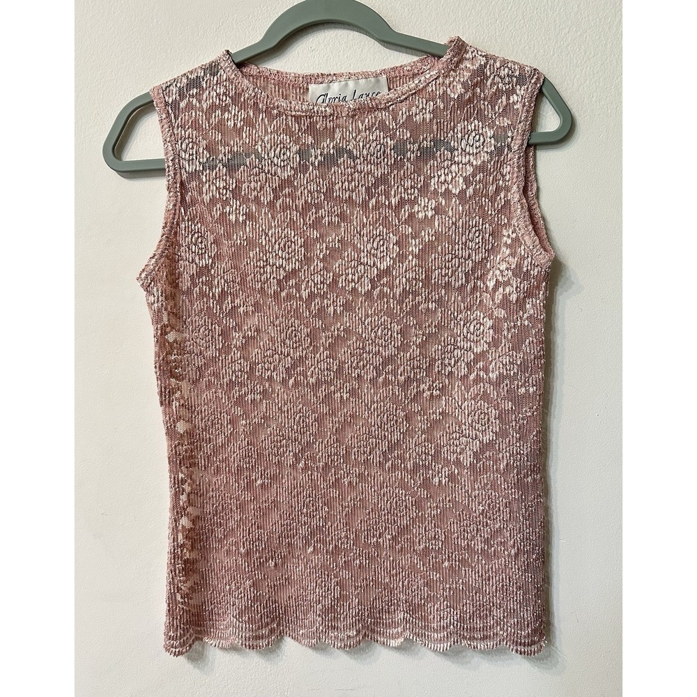 Vintage Gloria Lance Petite Pink Floral Lace Tank Top Sleeveless Scallop Hem PM